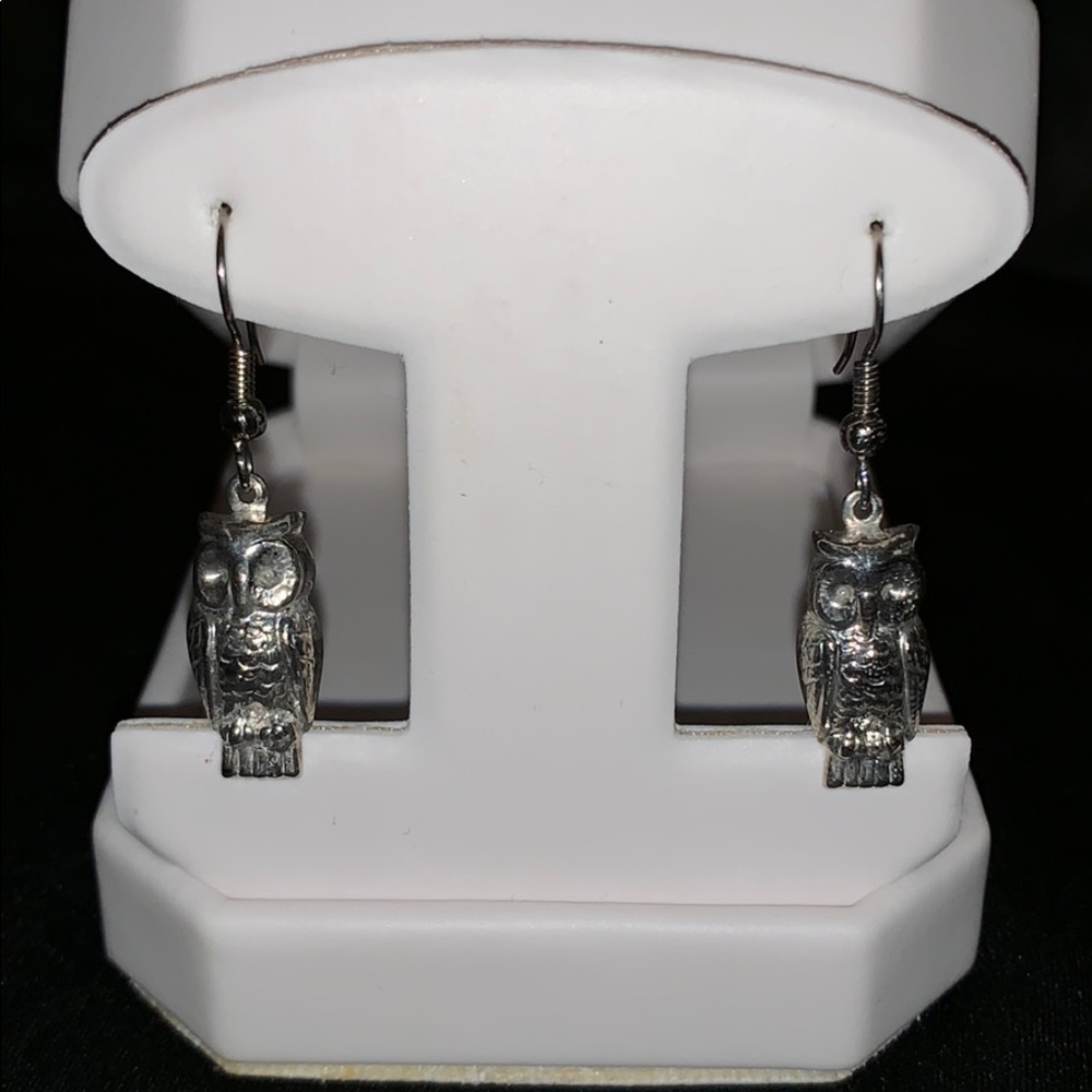 Silver tone owl earrings
